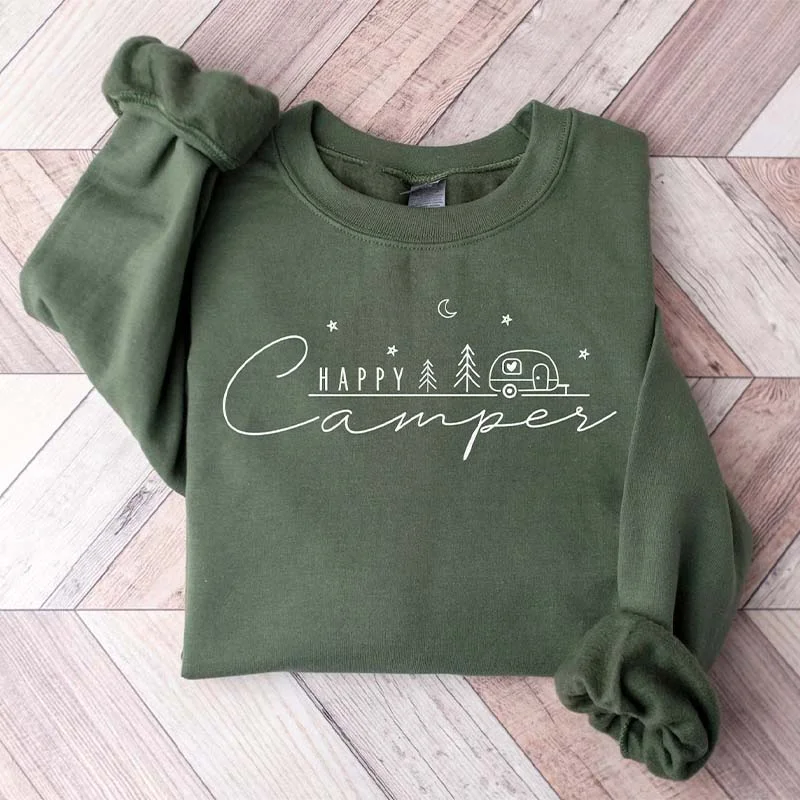 recycled hemp sweatshirts green -Happy Camper Nature Lover Sweatshirt