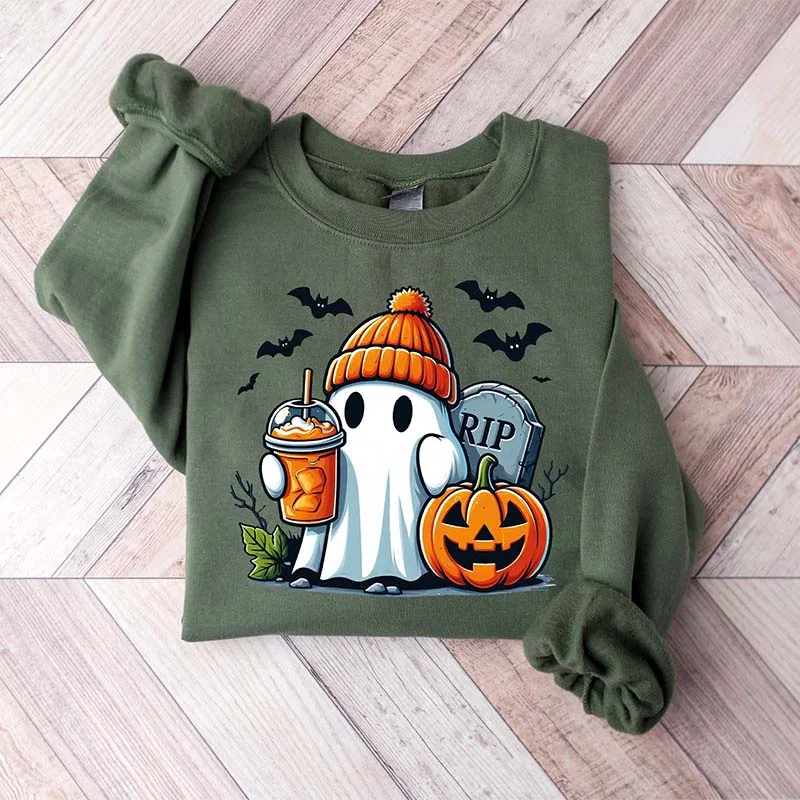 short sweatshirts sporty vibe -Ice Ghost Pumpkin Coffee Sweatshirt