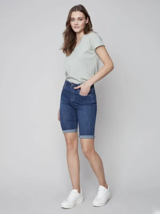 luxury linen shorts -C.B 8048 Pull On Denim Shorts