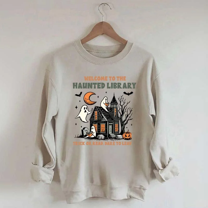 sweatshirts with velvet finish -Welcome To The Haunted Library Sweatshirt