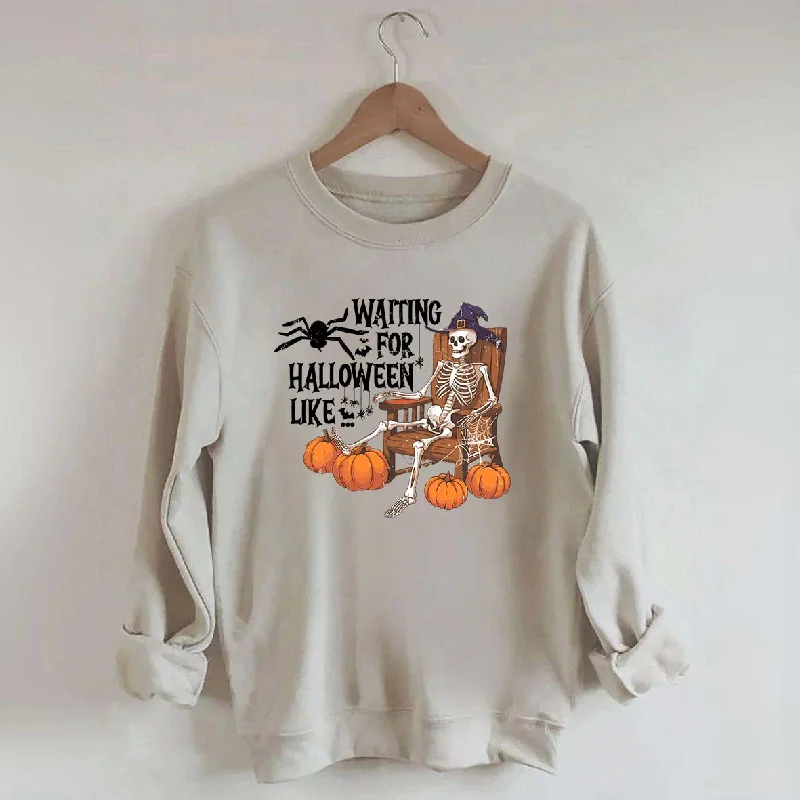 lightweight linen sweatshirts breezy -Waiting For Halloween Funny Skeleton Sweatshirt