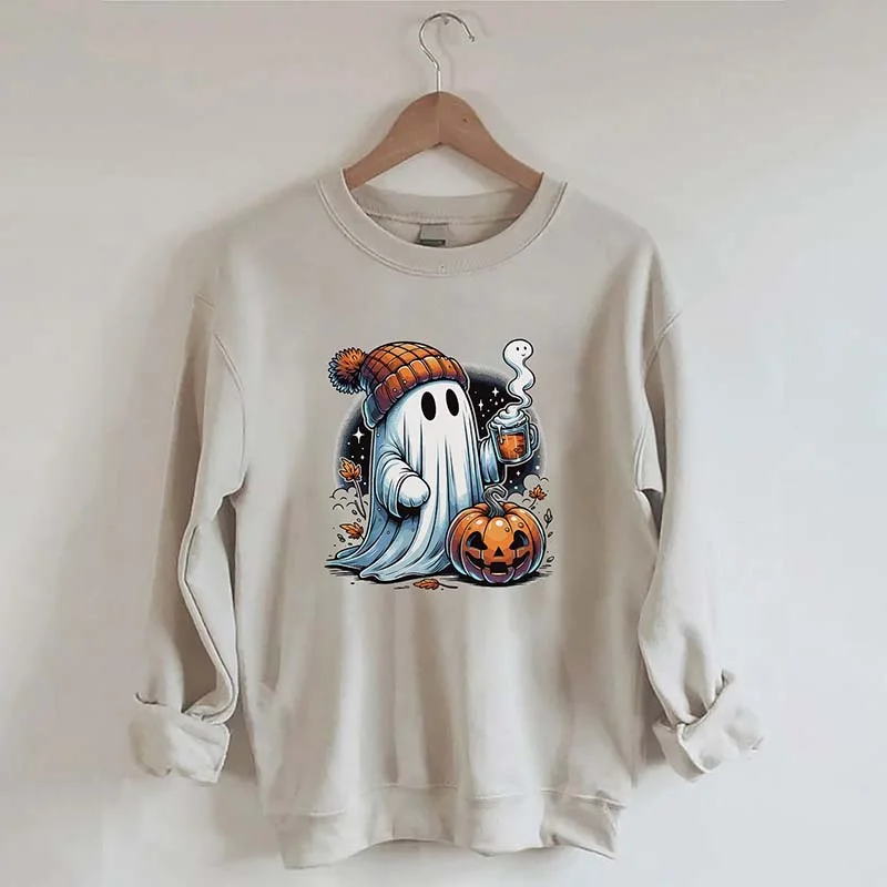 sweatshirts with pearl hem -Cute Ghost Halloween Sweatshirt