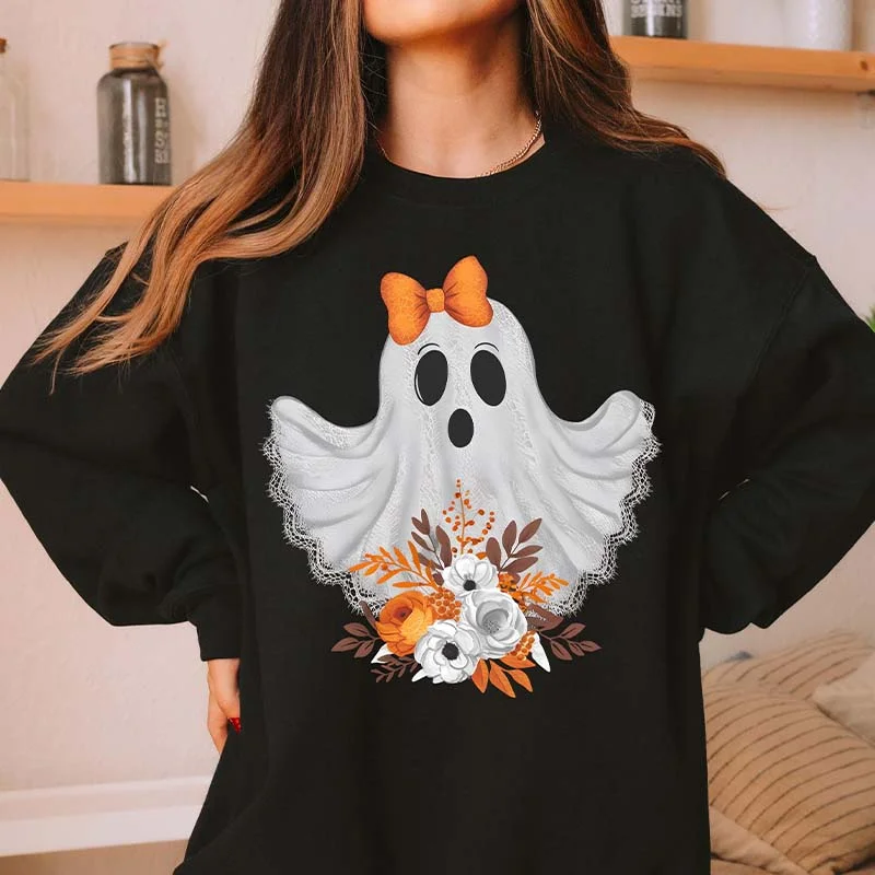 long sweatshirts relaxed drape -Fall Floral  Lace Ghost Sweatshirt