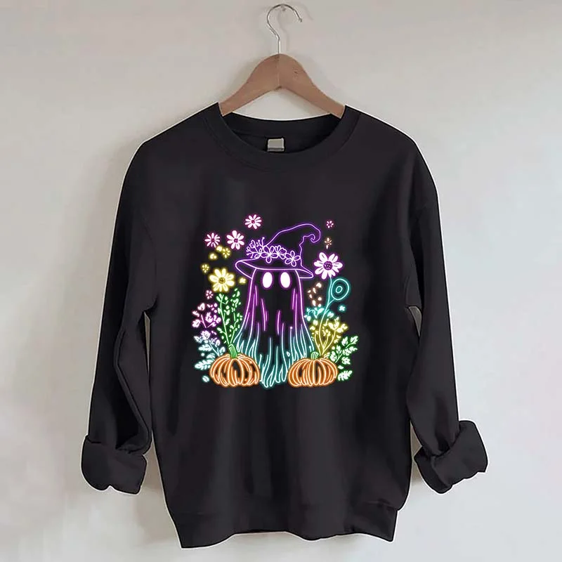 sweatshirts with pearl trim -Halloween Ghost Neon Flowers Sweatshirt