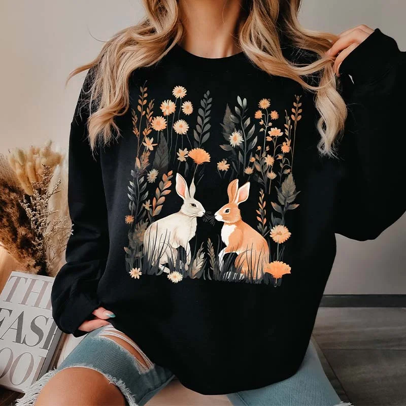 sweatshirts with satin cuffs -Cozy Fall Cottagecore Rabbit Sweatshirt