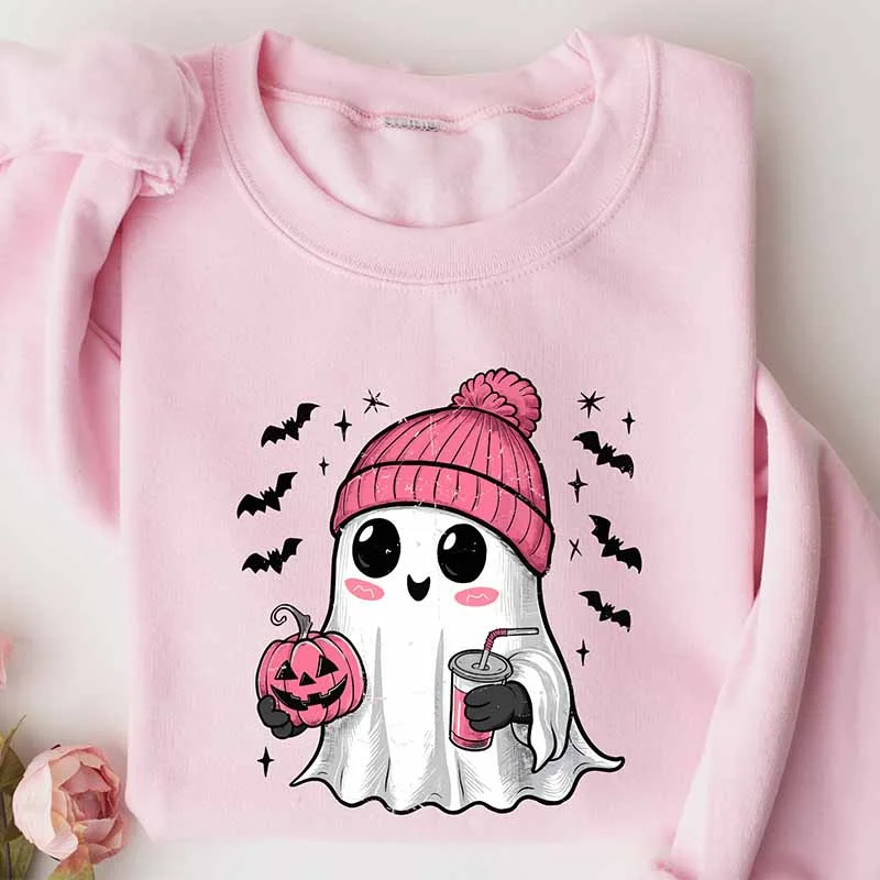 sweatshirts men checked design -Pink Ghost Drinking Coffee Sweatshirt