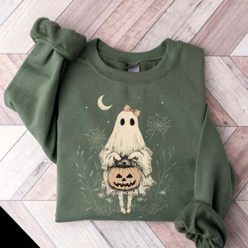 sweatshirts women soft mint -Vintage Lace Ghost Cute Fall Sweatshirt