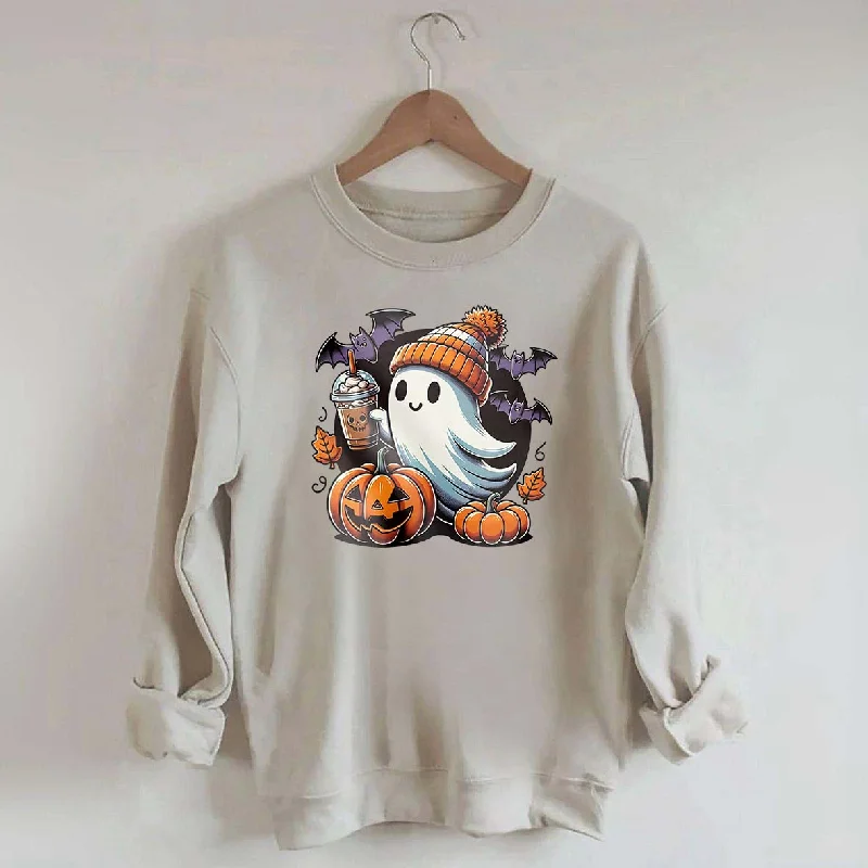 sweatshirts with drop hemline -Here For The Boos Cute Ghost Coffee Sweatshirt