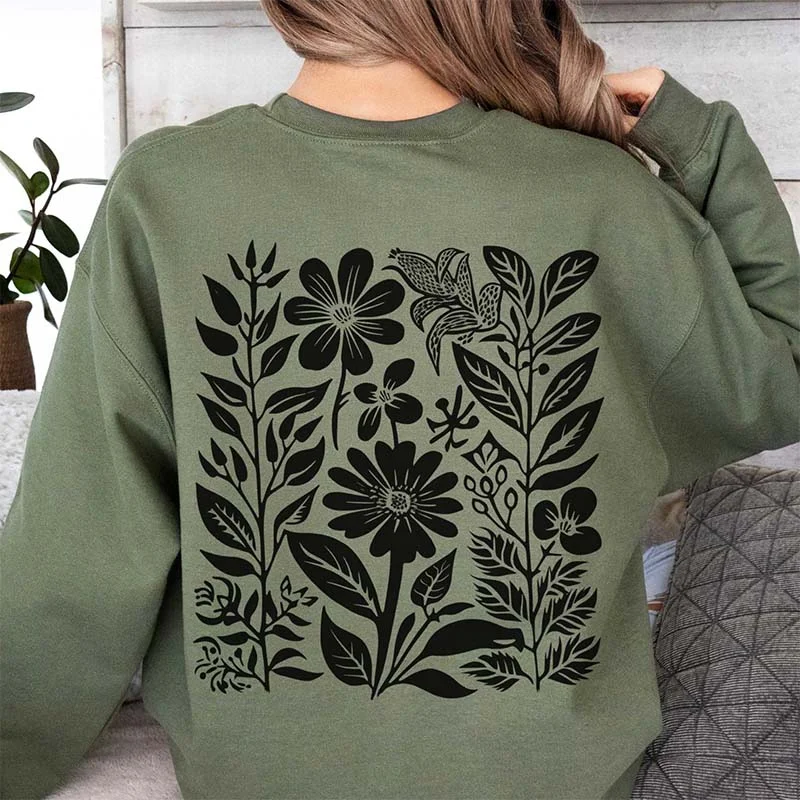 lightweight mohair sweatshirts breezy -Pressed Black Flower Botanical Sweatshirt