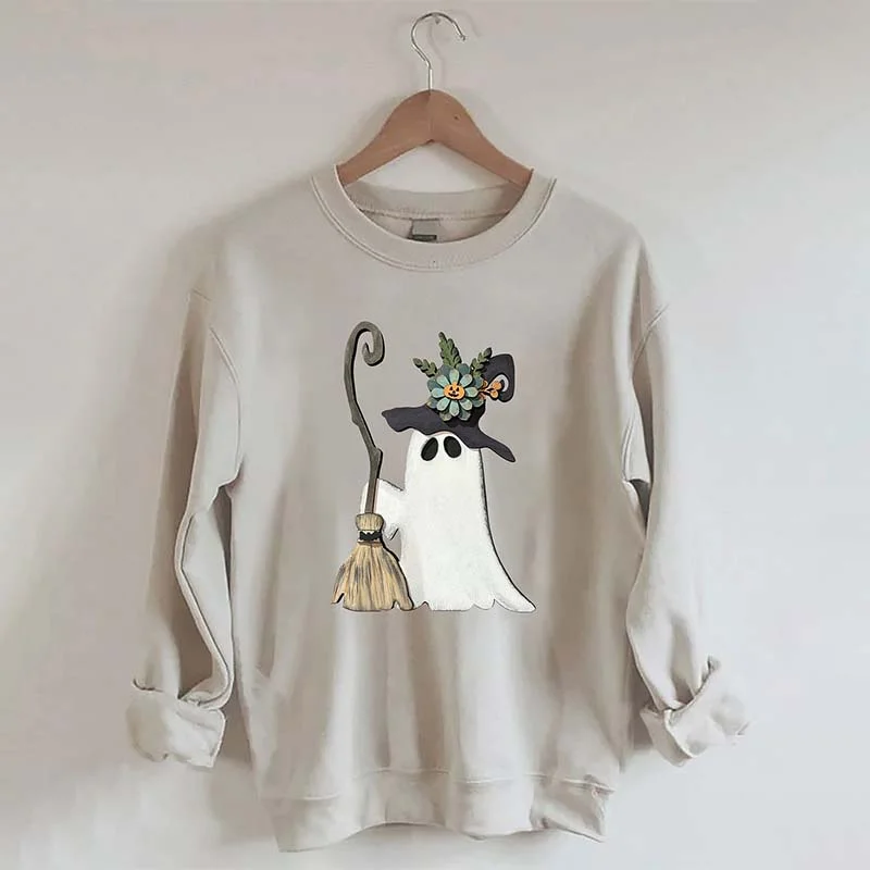 cotton-blend sweatshirts breathable -Ghost Witch With Broomstick Sweatshirt