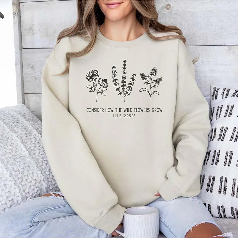 sweatshirts kids fish print -Consider How The Wildflowers Grow Religious Sweatshirt