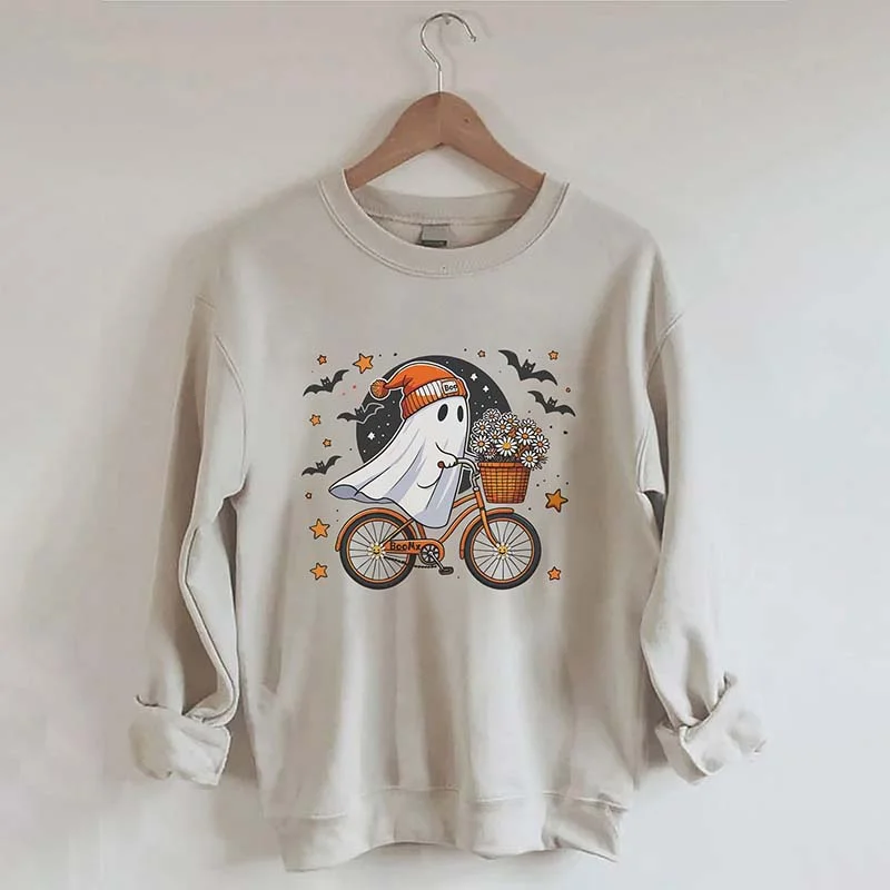 tie-dye sweatshirts vintage vibe -Cute Ghost On Bike Halloween Sweatshirt