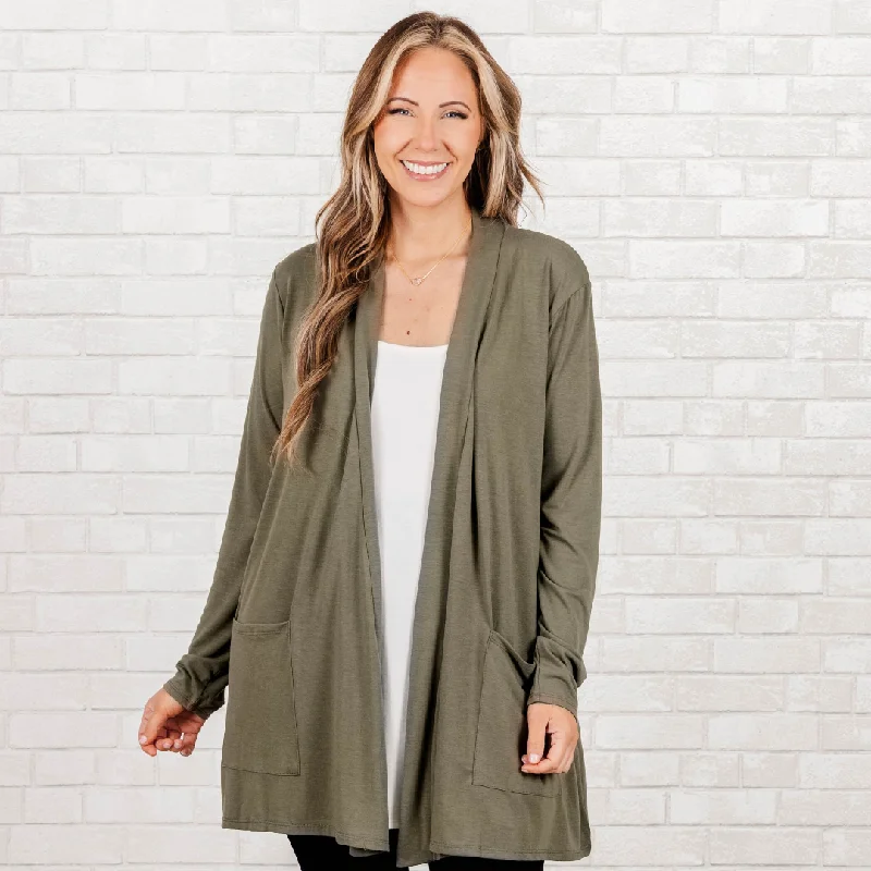 long cardigan boho vibe -Kindness And Compassion Cardigan, Light Olive