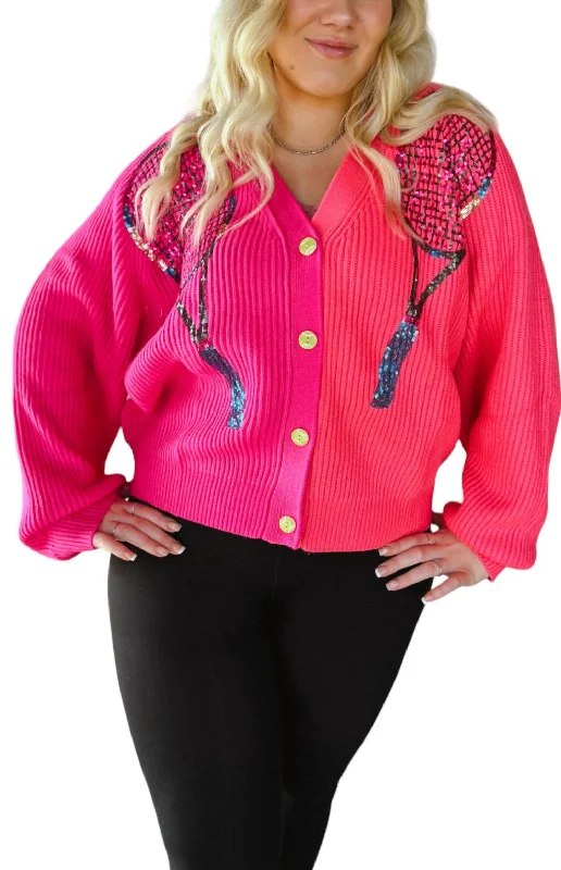 ribbed velvet cardigan luxe -Queen Of The Court Cardigan In Neon Pink