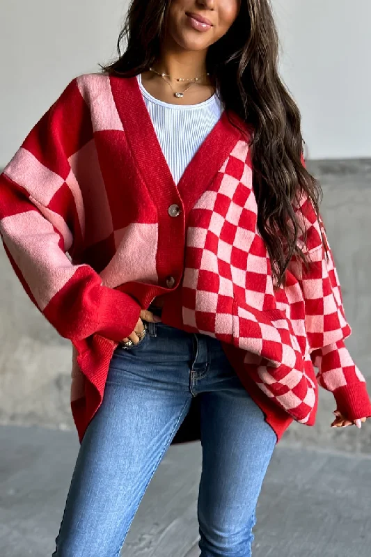 lavender cardigan pastel hue -Sammie Checkered Cardigan - Red