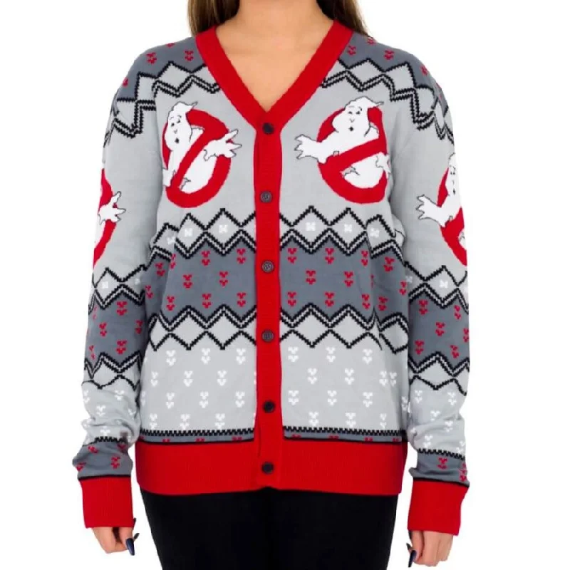 cardigan men fair isle -Women's Ghostbusters Logo Ugly Christmas Cardigan Sweater