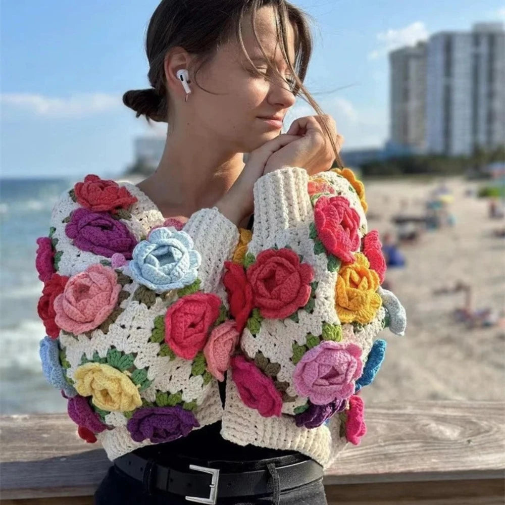 modal cardigan silky soft -3D Rose Handmade Crochet Cardigan