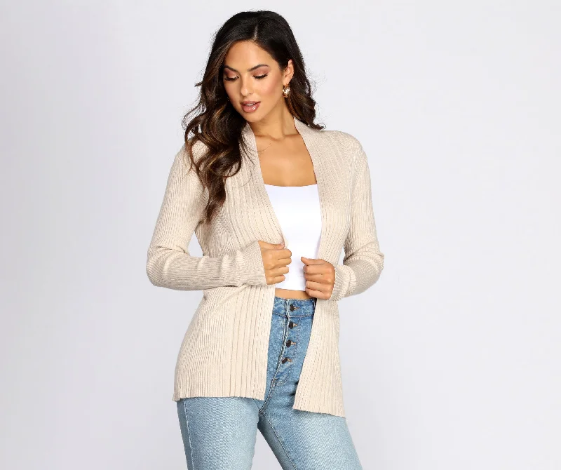 long cardigan minimalist vibe -Basic Ribbed Knit Cardigan