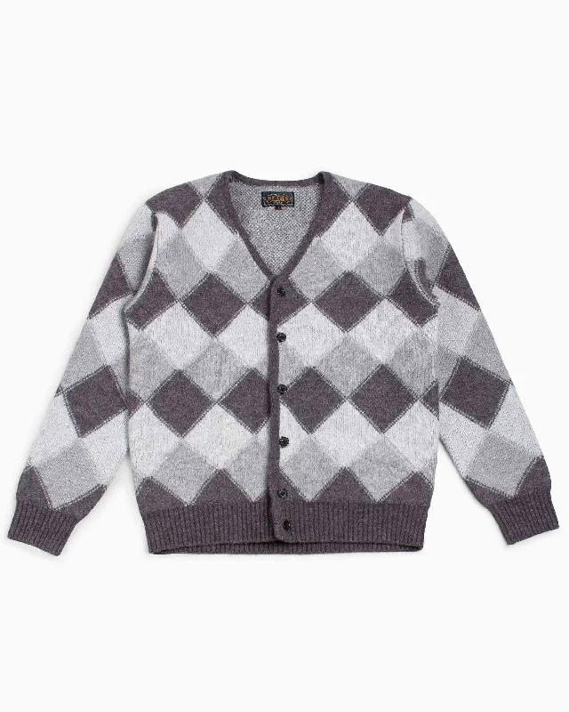 orchid cardigan vibrant hue -Beams Plus Cardigan Double Jacquard Argyle Pattern Grey