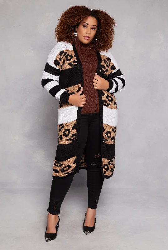 cardigan with slit hem -Plus Size Animal Print Knit Long Cardigan