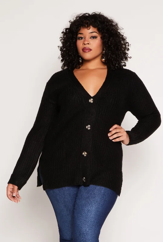 mocha cardigan rich shade -Plus Size Button Front Knit Cardigan