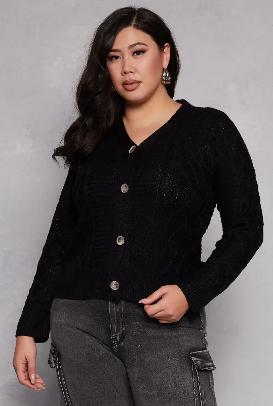 garnet cardigan rich glow -Plus Size Cable Knit Button Front Cardigan