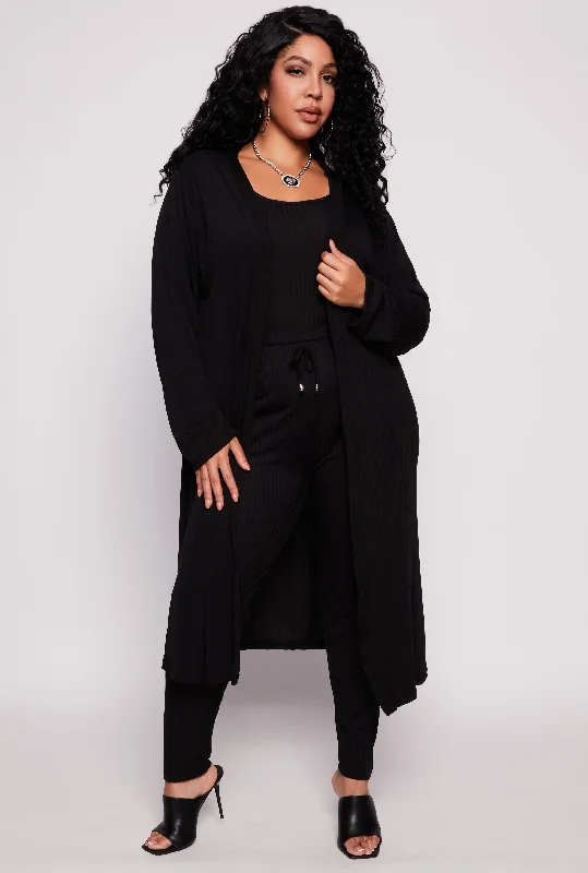 cardigan with gathered hemline -Plus Size Ribbed Knit Long Sleeve Duster