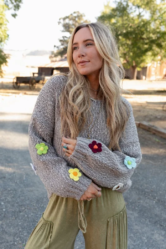 cropped pullover sweater trendy -Blissful Blooms Flower Embellished Sweater - Mushroom