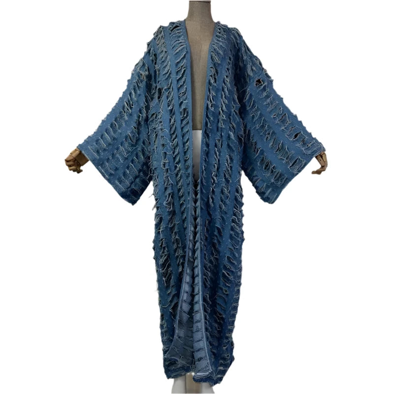 cardigan with gathered cuffs -Blue Distressed Long Maxi Cardigan