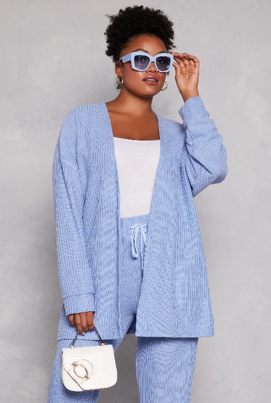 cardigan with flared hem -Plus Size Ribbed Open Front Cardigan