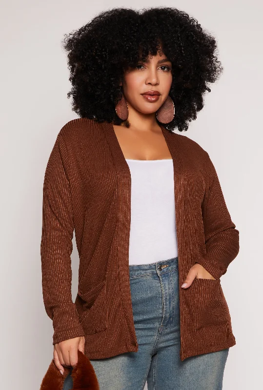 cardigan with lace hem -Plus Size Ribbed Knit Open Front Cardigan