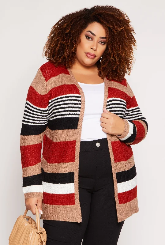 shawl cardigan drapey fit -Plus Size Striped Open Front Cardigan