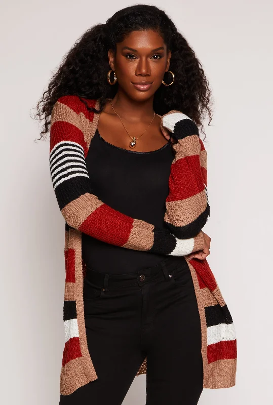 cable velvet cardigan twist -Striped Open Front Knit Cardigan