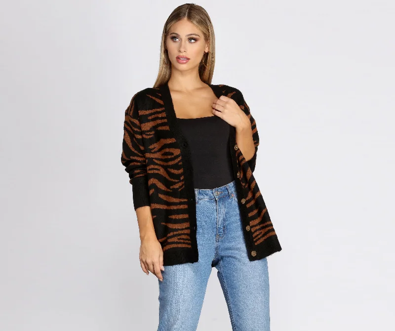 sable cardigan deep brown -Buttoned Zebra Print Cardigan