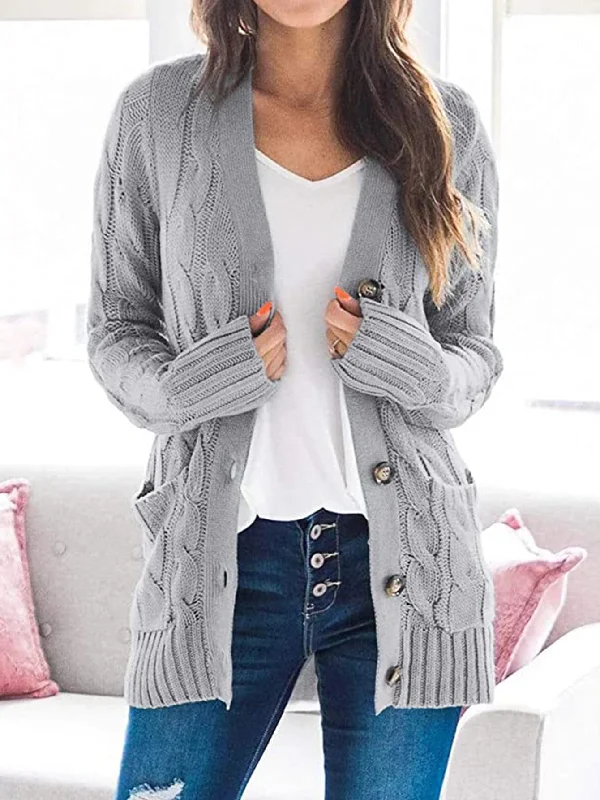 rib-knit cardigan stretchy fit -Cable-Knit Buttoned Cardigan with Pockets