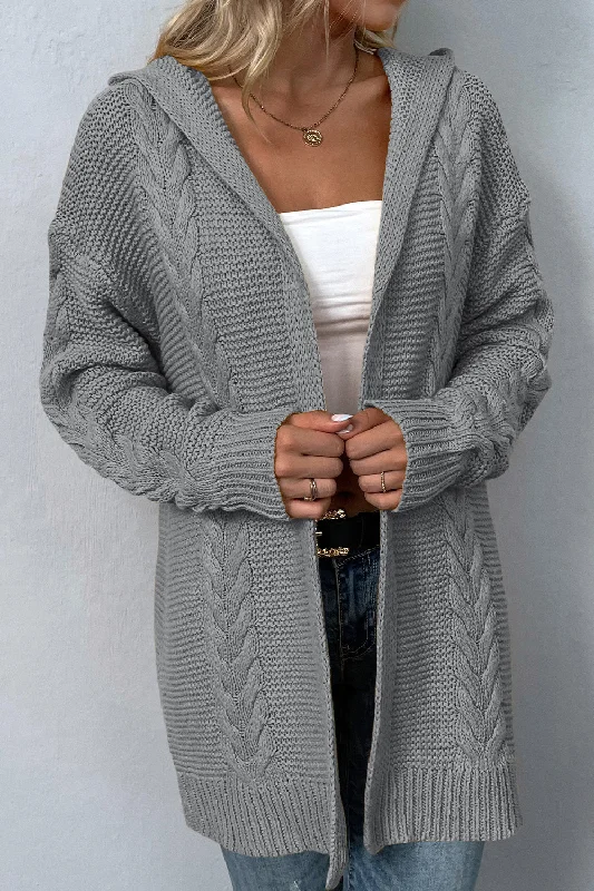 cropped cardigan preppy vibe -Cable-Knit Dropped Shoulder Hooded Cardigan