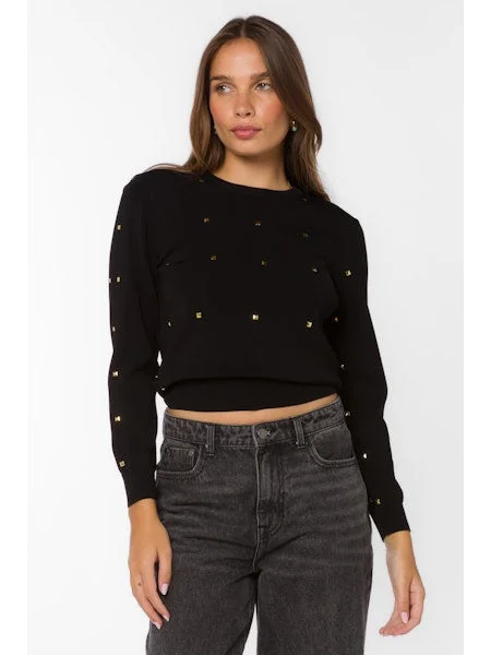 textured silk pullover sweater -Candie Black Gold Stud Sweater By Velvet Heart