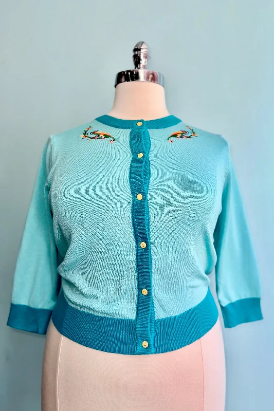 patterned linen cardigan bold -Chameleons Embroidered Skye Cardigan in Blue by Miss Lulo