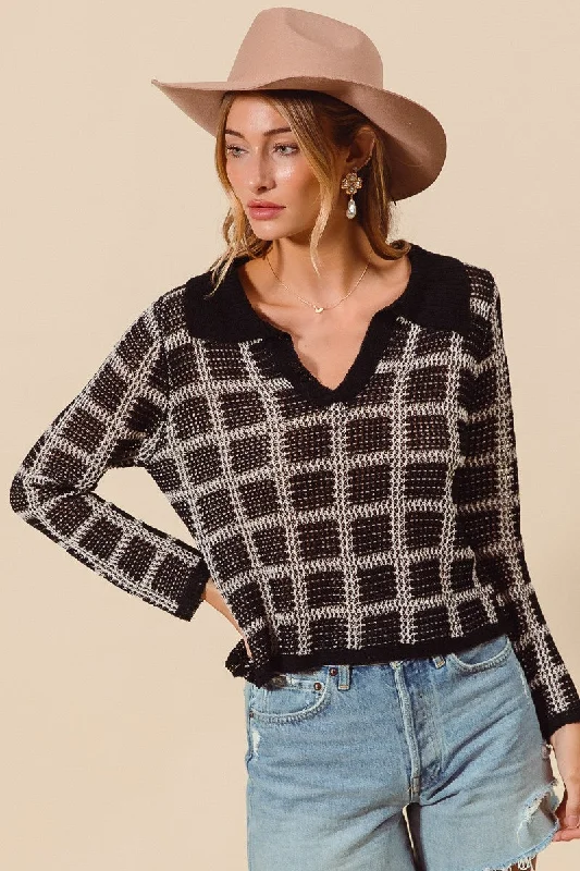 pullover sweater with flares -Check Plaid Crochet Knitted Sweater Top with Collar