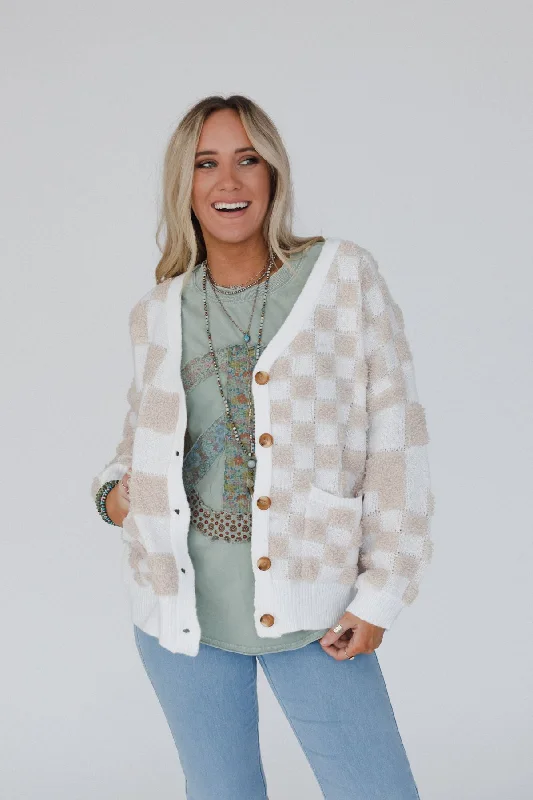 thick mohair cardigan snug -Checkmate Cardigan - Taupe Multi