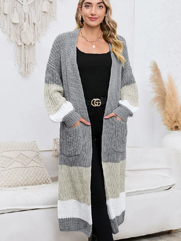 silk cardigan luxury wear -Color Block Long Sleeve Pocketed Cardigan