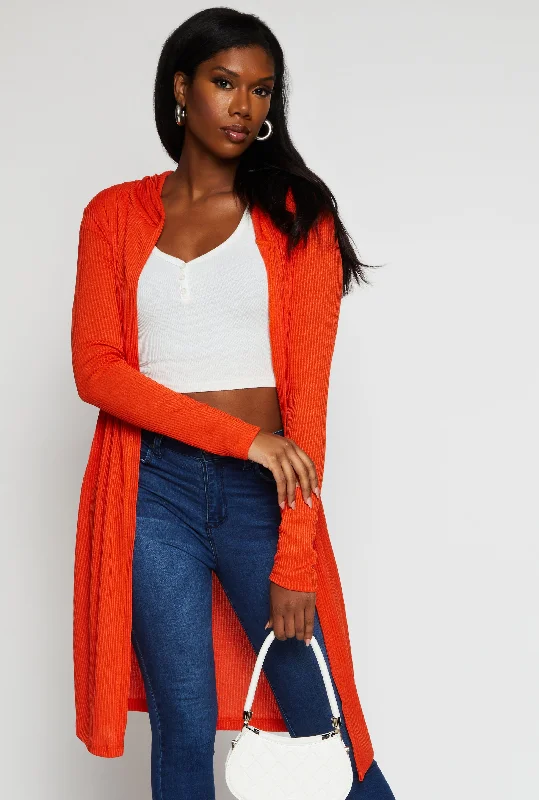 textured bamboo cardigan tactile -Rib Knit Hooded Long Cardigan