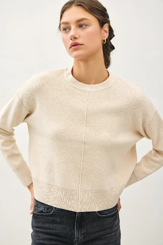 russet pullover sweater warm -Cropped Solid Crew Neck Sweater with Raised Seam