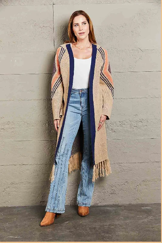 ribbed hemp cardigan light -Double Take Geometric Fringe Hem Open Front Duster Cardigan