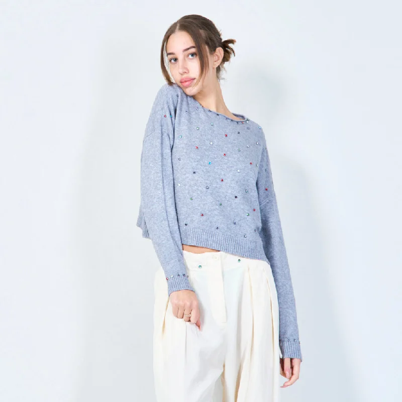 pullover sweater with metallic -Embellished crewneck sweater with colorful studs wholesale