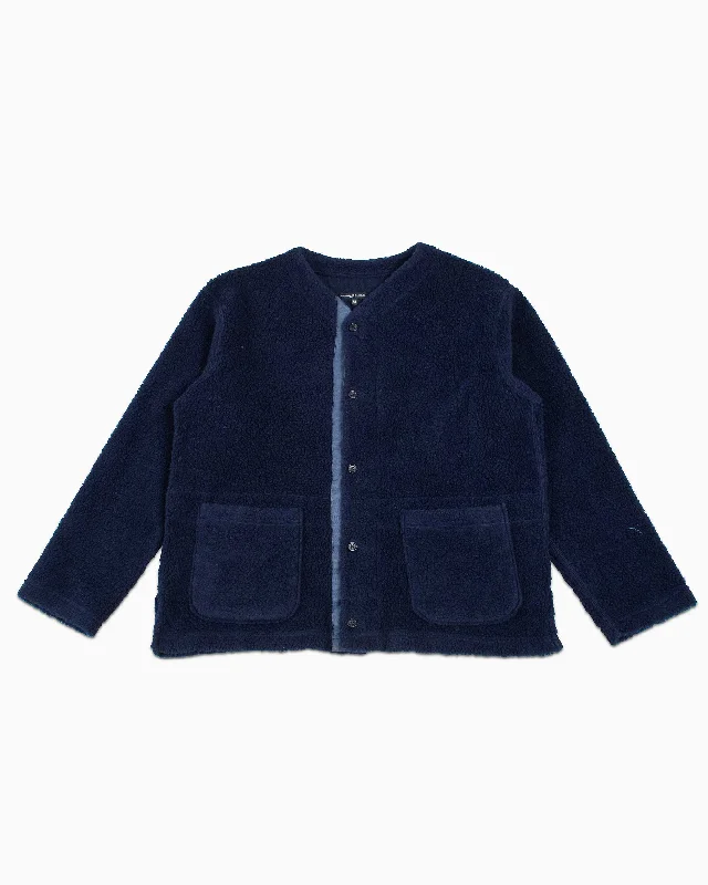 fuzzy mohair cardigan plush -Engineered Garments Knit Cardigan Navy Wool Poly Shaggy Knit