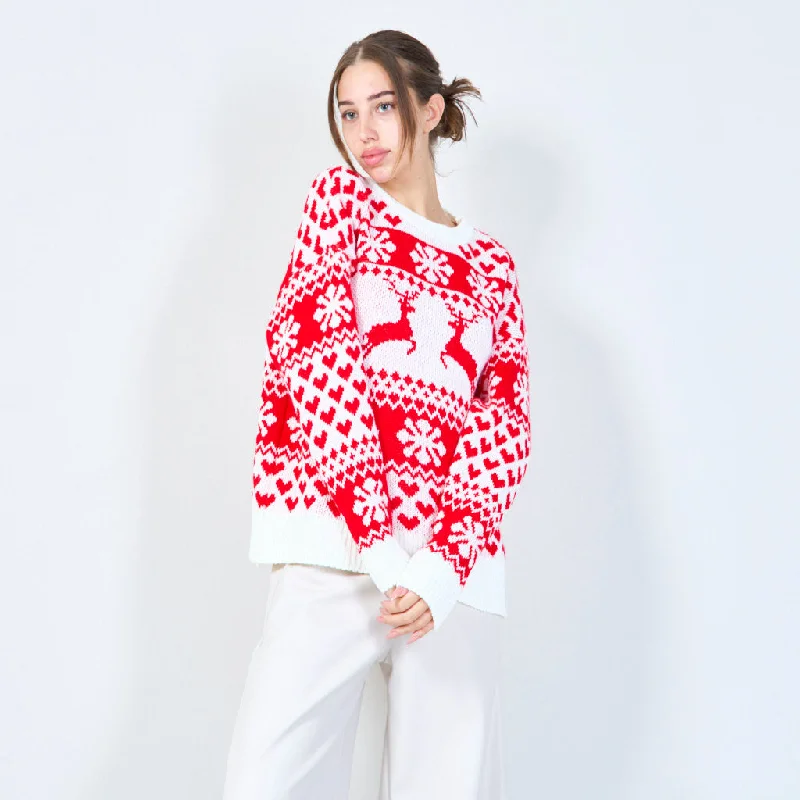 pullover sweater women deep amber -Festive heart and reindeer Christmas sweater wholesale