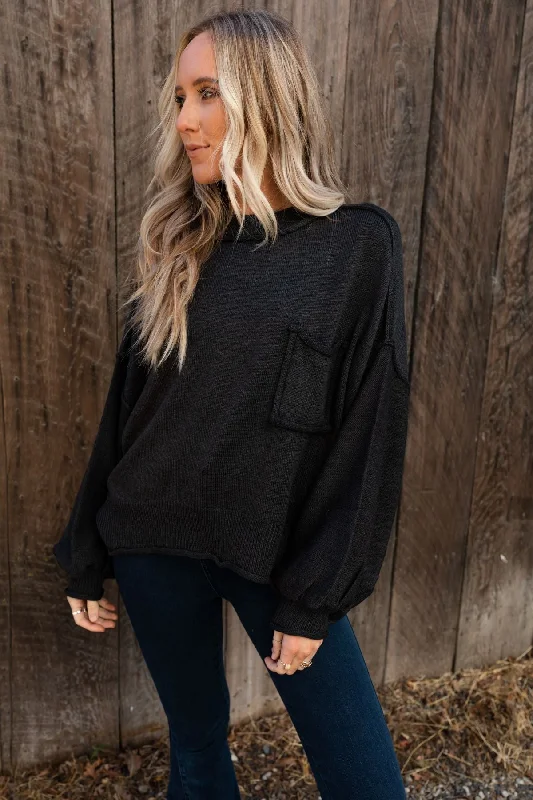 pullover sweater women tribal -Fireside Talks Balloon Sleeve Sweater - Black