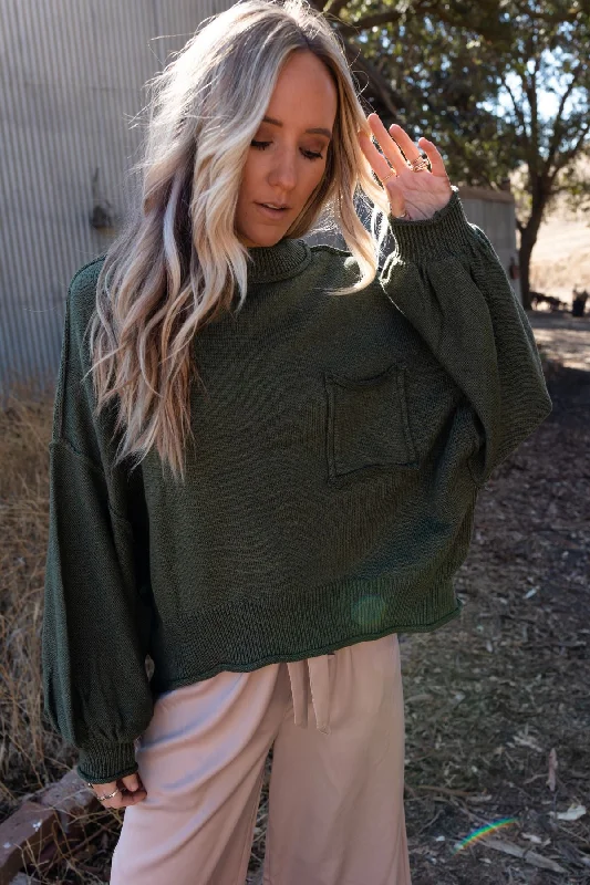 pullover sweater women deep teal -Fireside Talks Balloon Sleeve Sweater - Olive