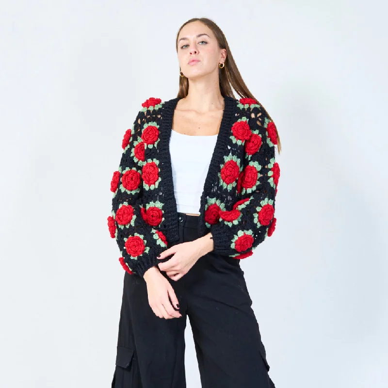 ribbed mohair cardigan fluffy -Floral crochet open-front cardigan wholesale